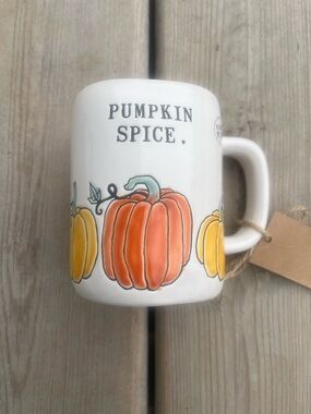 NWT Rae Dunn Pumpkin Spice Ceramic Mug - White with Orange Pumpkin Design